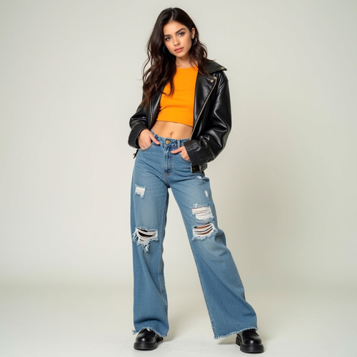 Modefoto einer jungen Frau mit dunkelbraunen Haaren und braunen Augen in weiten Jeans, orangem Crop Top, schwarzer Lederjacke und schwarzen Lederstiefeln