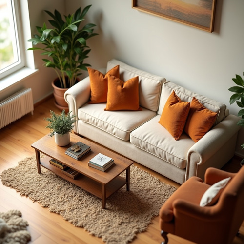 Gemütliches Wohnzimmer mit weißem Sofa und Sessel aus der Vogelperspektive