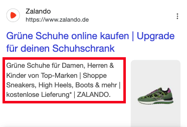 Meta Description von Zalando: Grüne Schuhe kaufen