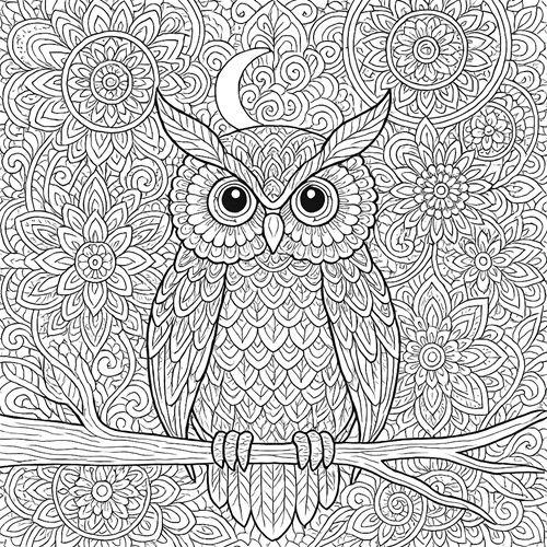 KI Ausmalbild für Erwachsene: Eule